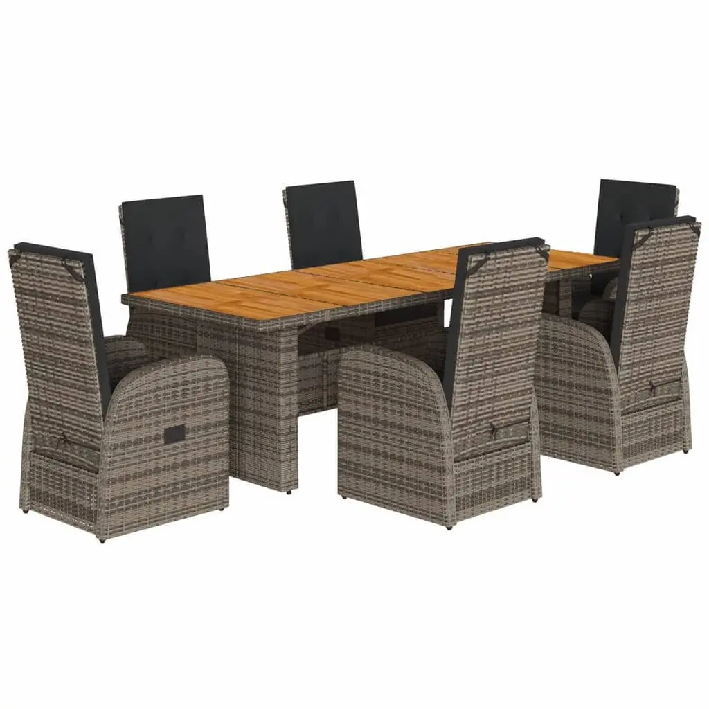 7 Piece Garden Dining Set Grey PE Rattan Outdoor Furniture with Acacia Wood Tabletop and Cushions