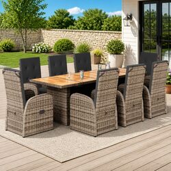 9-Piece Garden Dining Set Grey Poly Rattan with Cushions