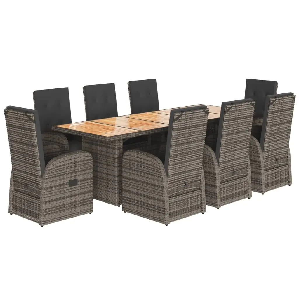 9-Piece Garden Dining Set Grey Poly Rattan with Cushions