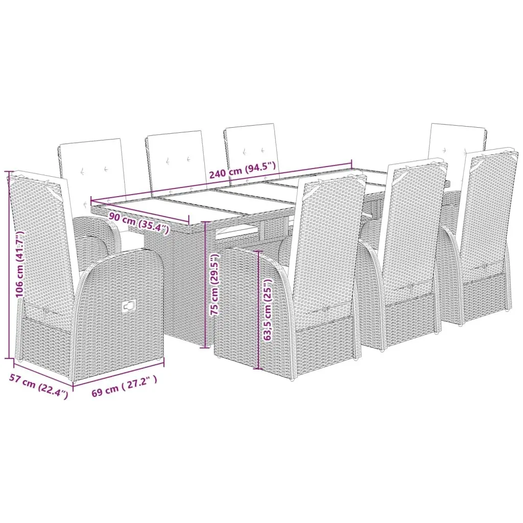 9-Piece Garden Dining Set Grey Poly Rattan with Cushions