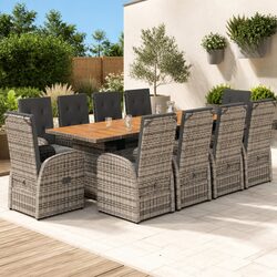 11-Piece Grey Poly Rattan Garden Dining Set with Cushions