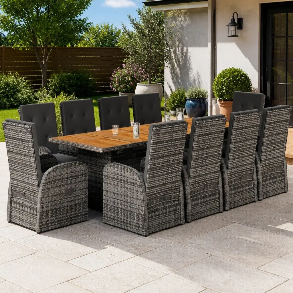 11 Piece Garden Dining Set PE Rattan Acacia Wood Grey Outdoor Furniture