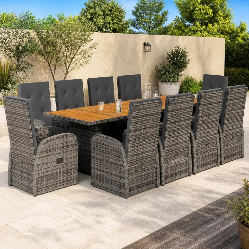 Garden Dining Set PE Rattan 11 Piece Grey with Cushions