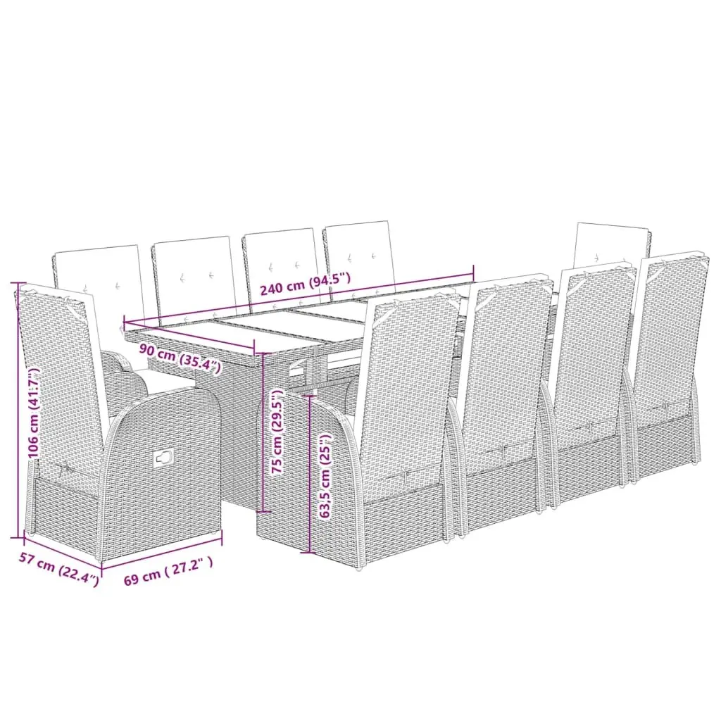 Garden Dining Set PE Rattan 11 Piece Grey with Cushions