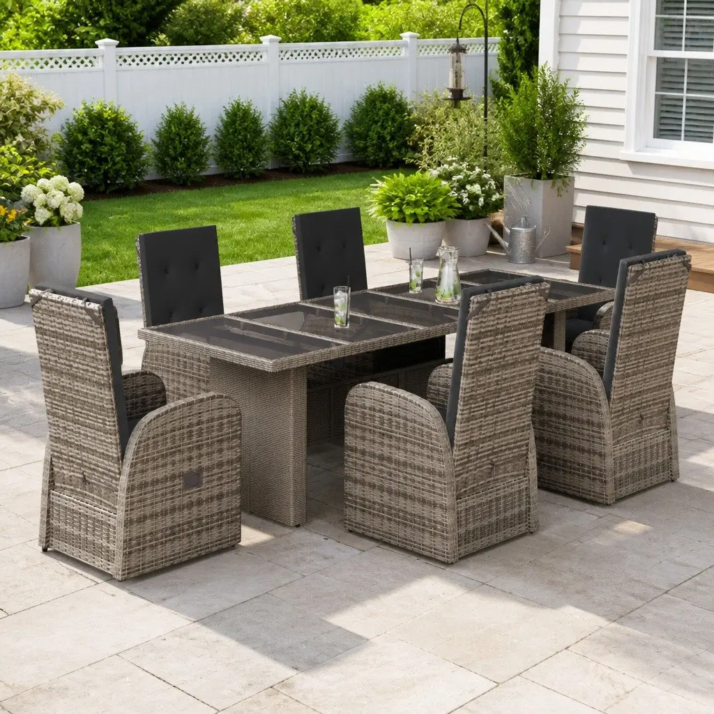 Garden Dining Set PE Rattan 7 Piece Outdoor Furniture Grey Patio Chairs Table