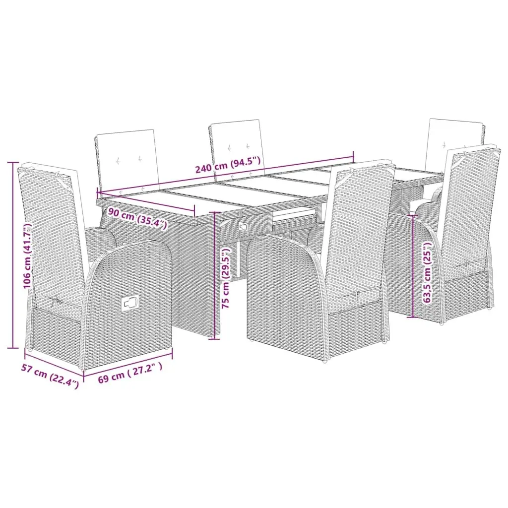 Garden Dining Set PE Rattan 7 Piece Outdoor Furniture Grey Patio Chairs Table