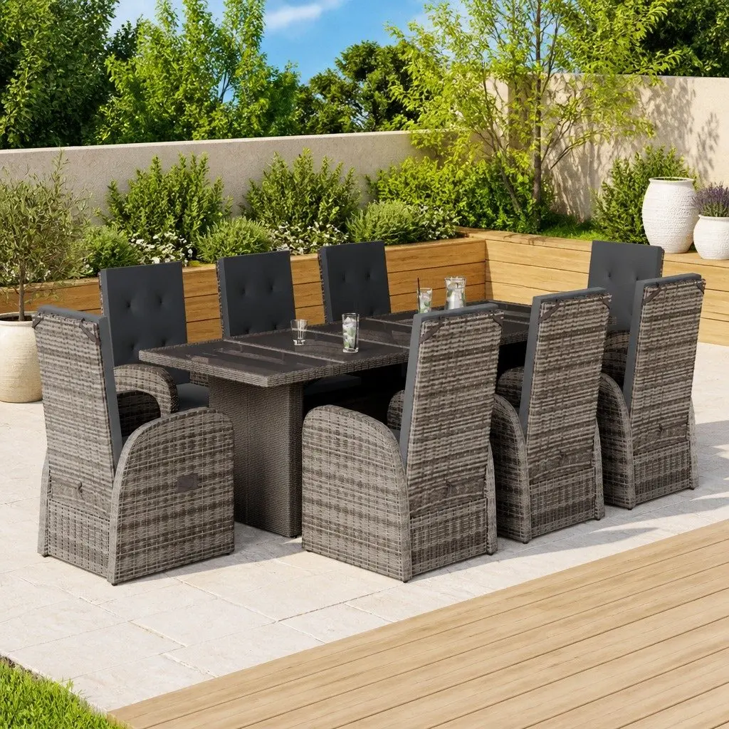 Garden Dining Set 9 Piece PE Poly Rattan Grey Outdoor Furniture Chairs Table