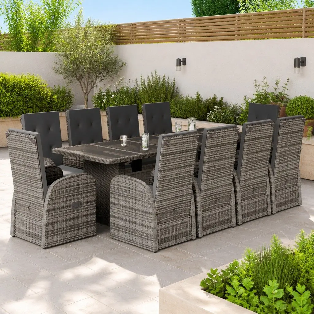 Garden Dining Set PE Poly Rattan 11 Piece Outdoor Furniture Grey with Cushions