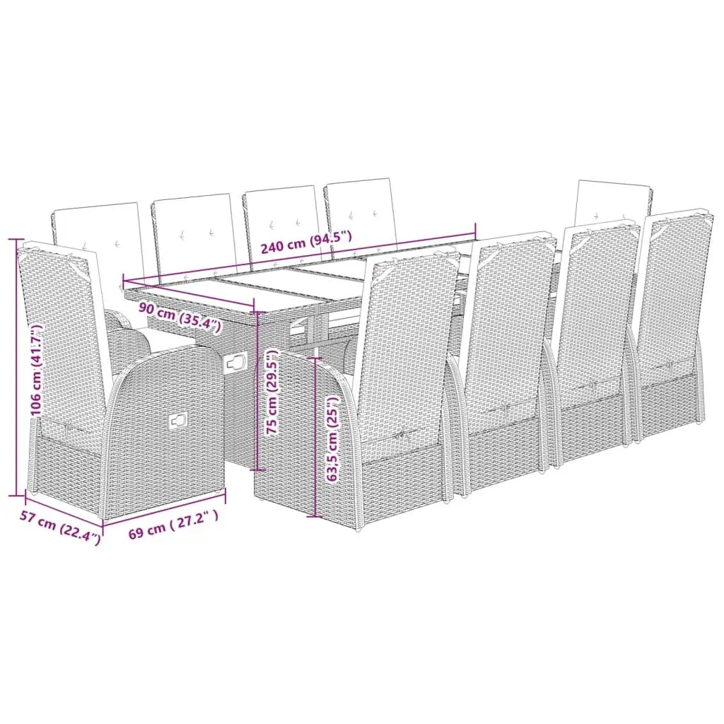 Garden Dining Set PE Poly Rattan 11 Piece Outdoor Furniture Grey with Cushions