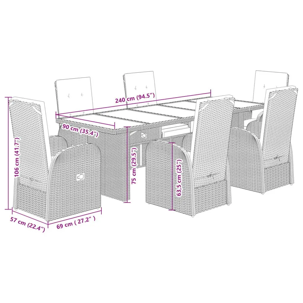 7 Piece Outdoor Dining Set with Grey Cushions