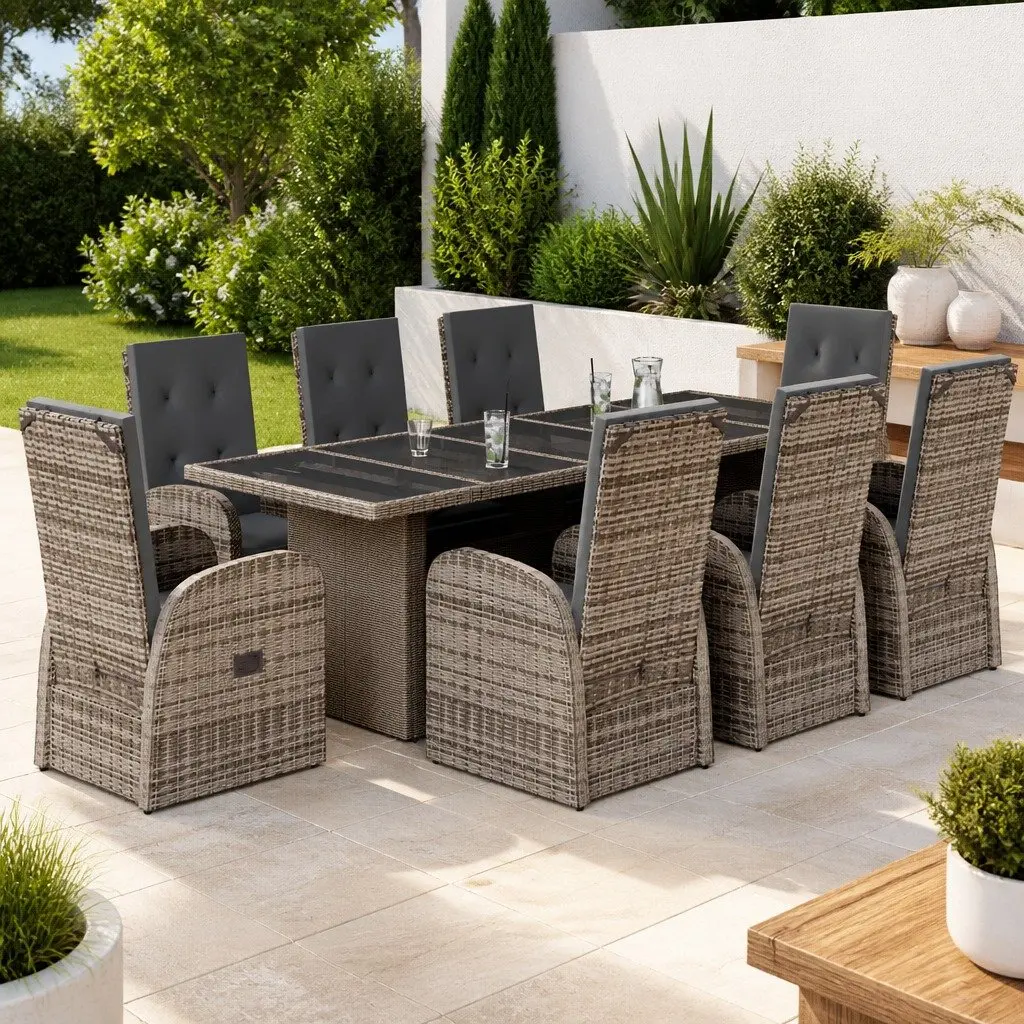 Garden Dining Set PE Rattan 9 Piece Outdoor Furniture Grey Patio Chairs Table