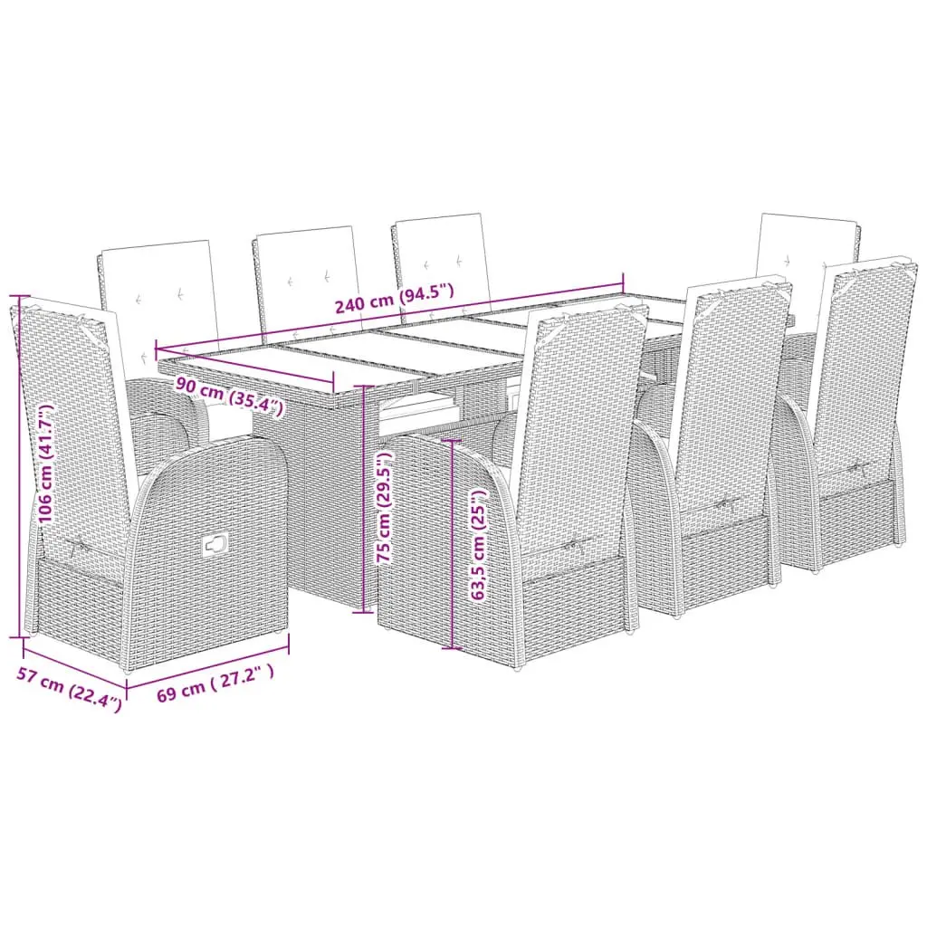 Garden Dining Set PE Rattan 9 Piece Outdoor Furniture Grey Patio Chairs Table