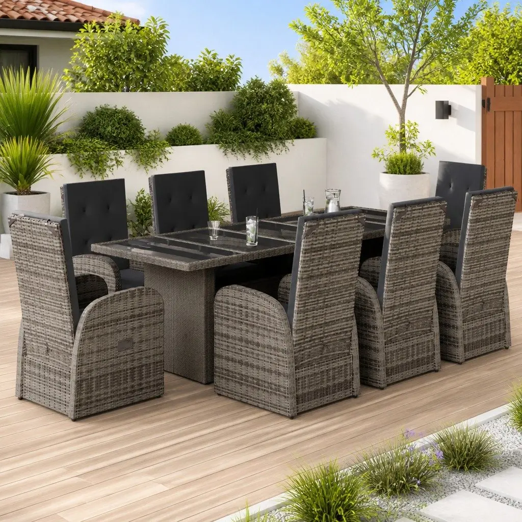 9 Piece Garden Dining Set PE Poly Rattan Grey Outdoor Furniture with Cushions
