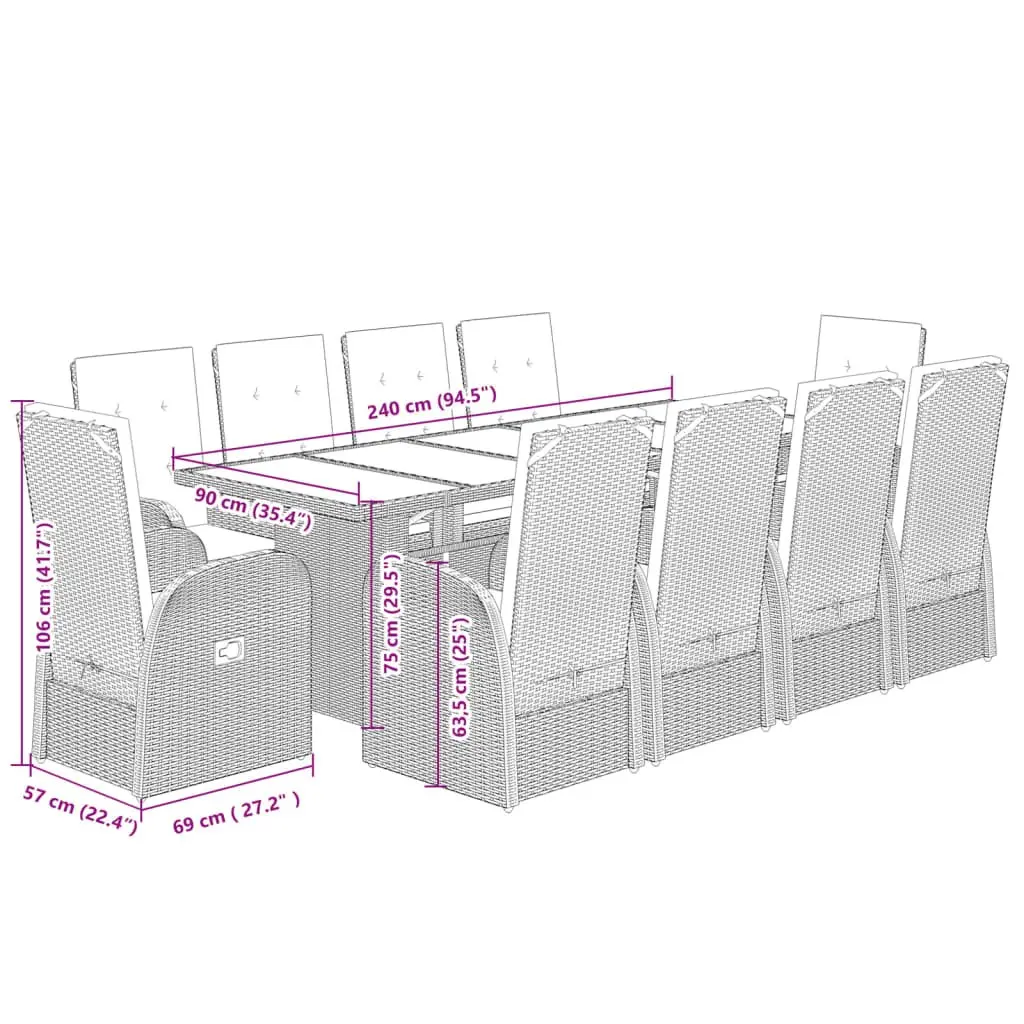 9 Piece Garden Dining Set PE Poly Rattan Grey Outdoor Furniture with Cushions