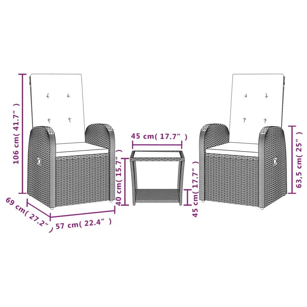 Garden Dining Set PE Rattan 3 Piece Grey Outdoor Furniture Patio Table Chairs
