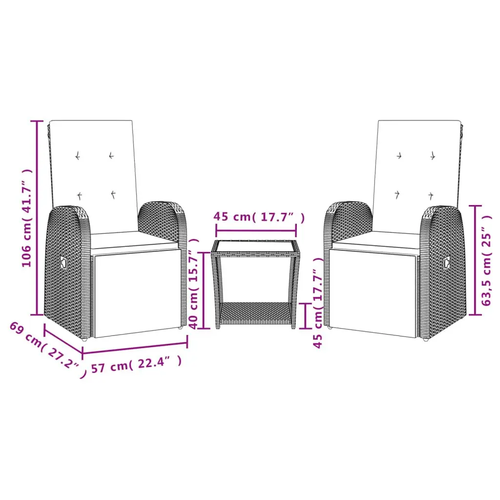 3 Piece Outdoor Dining Set with Adjustable Backrest