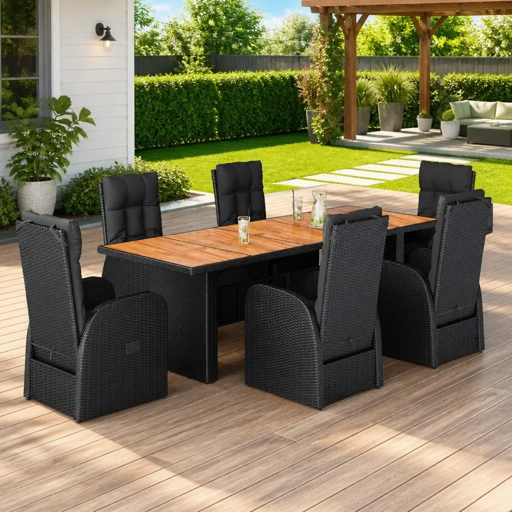 7 Piece Black Rattan Garden Dining Set
