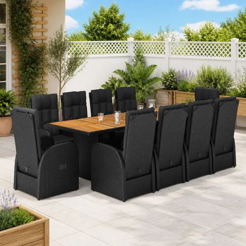 11 Piece Black Rattan Garden Dining Set with Cushions