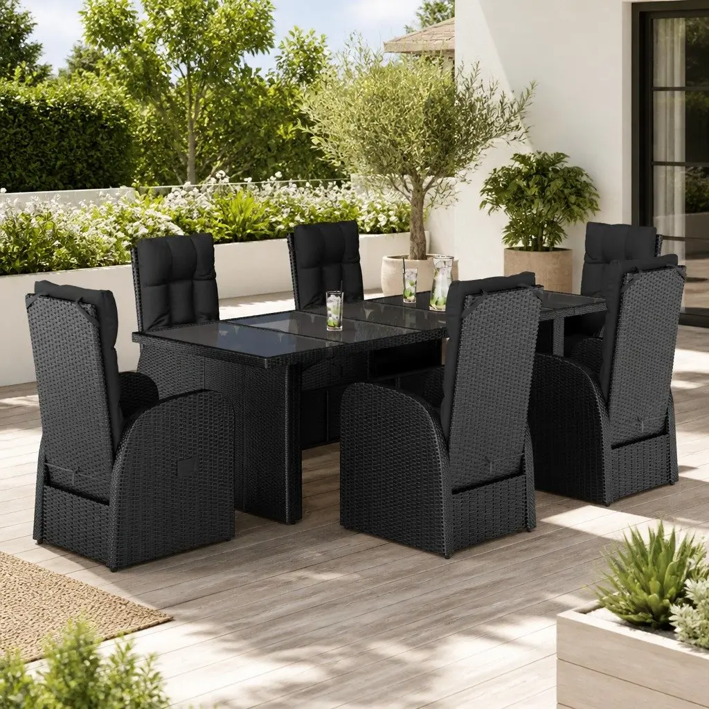 Outdoor Dining Set PE Rattan 7 Piece Black with Cushions
