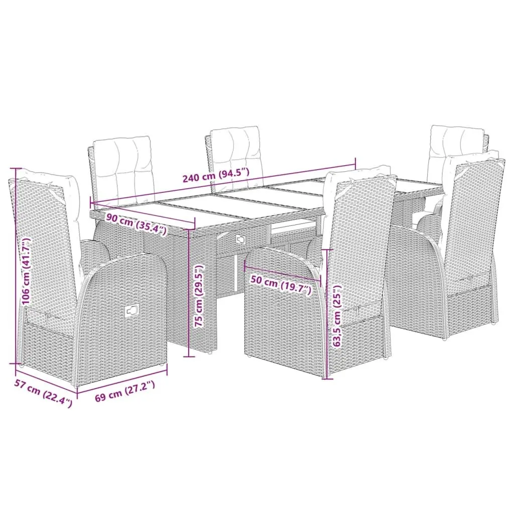Outdoor Dining Set PE Rattan 7 Piece Black with Cushions