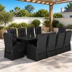 Black Poly Rattan 11-Piece Garden Dining Set with Cushions