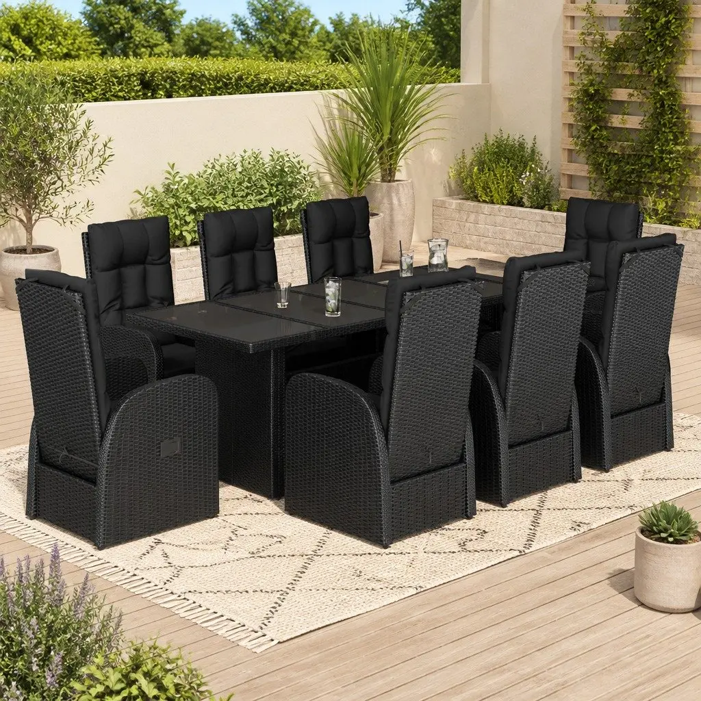 Garden Dining Set PE Rattan 9 Piece Outdoor Furniture Black with Cushions