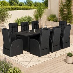 Black Poly Rattan 9 Piece Garden Dining Set with Cushions