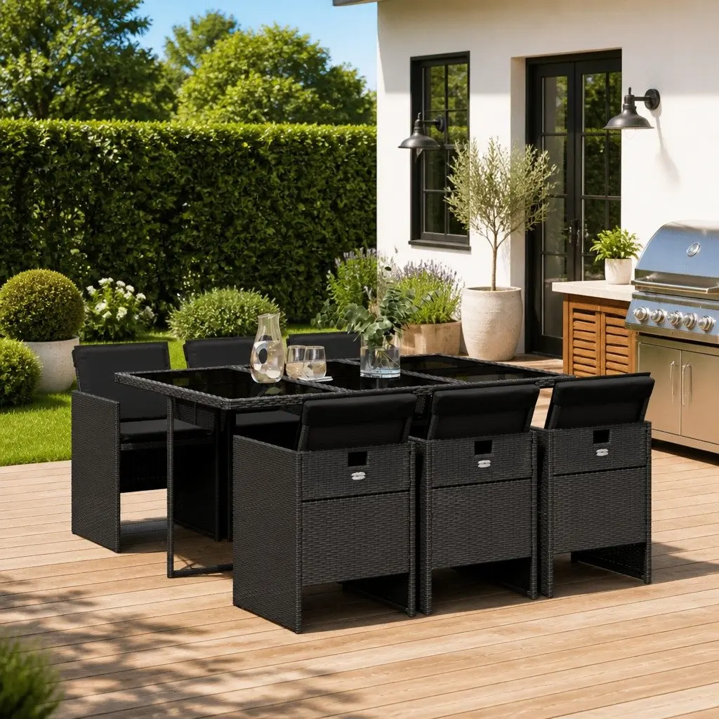 Black Poly Rattan 7 Piece Outdoor Dining Set