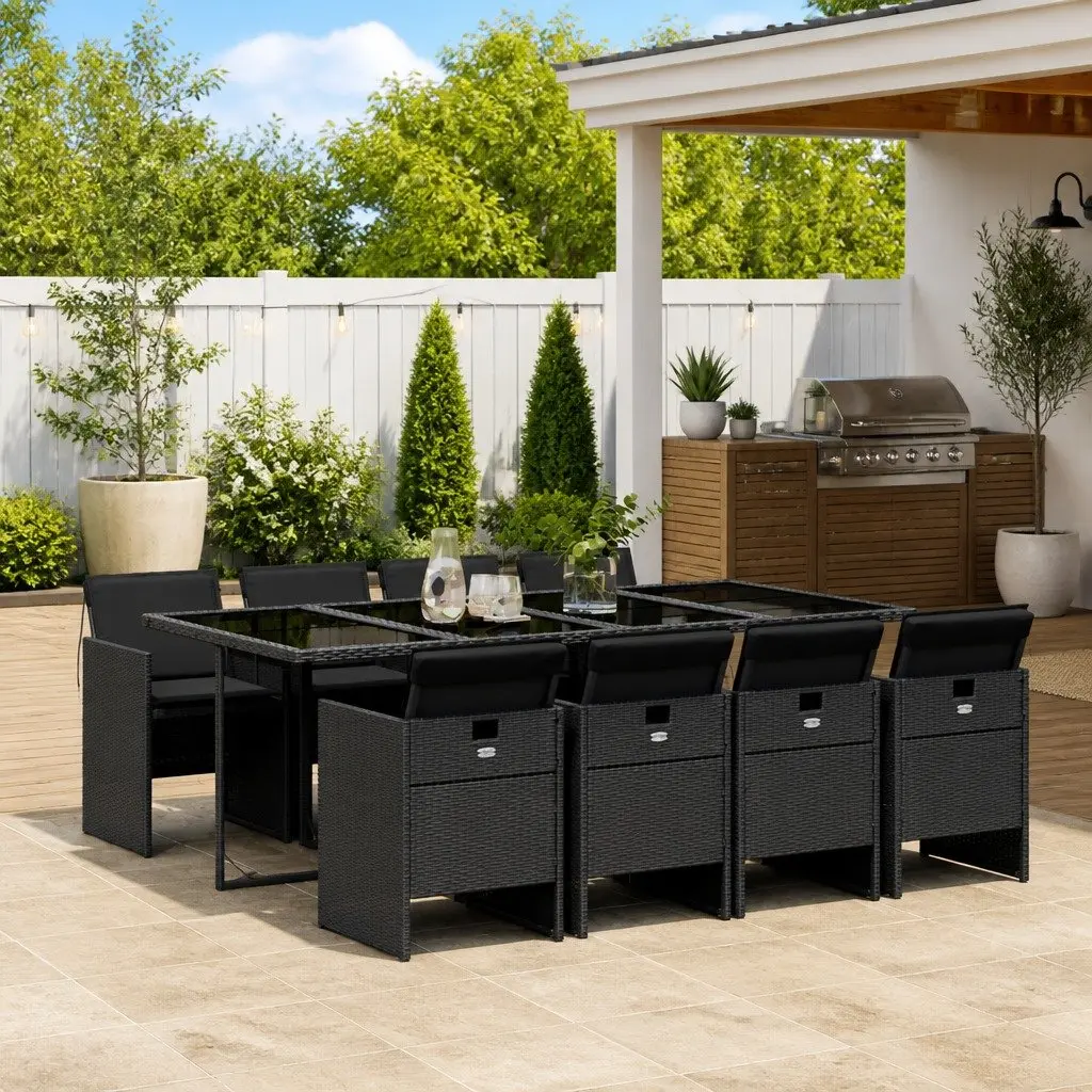 9 Piece Outdoor Dining Set PE Rattan Black Table Chairs Patio Furniture