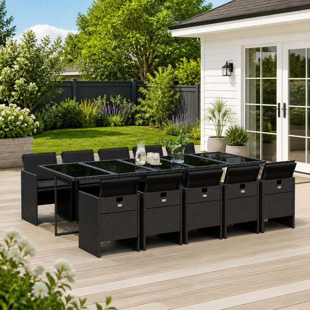 11-Piece Black Poly Rattan Garden Dining Set