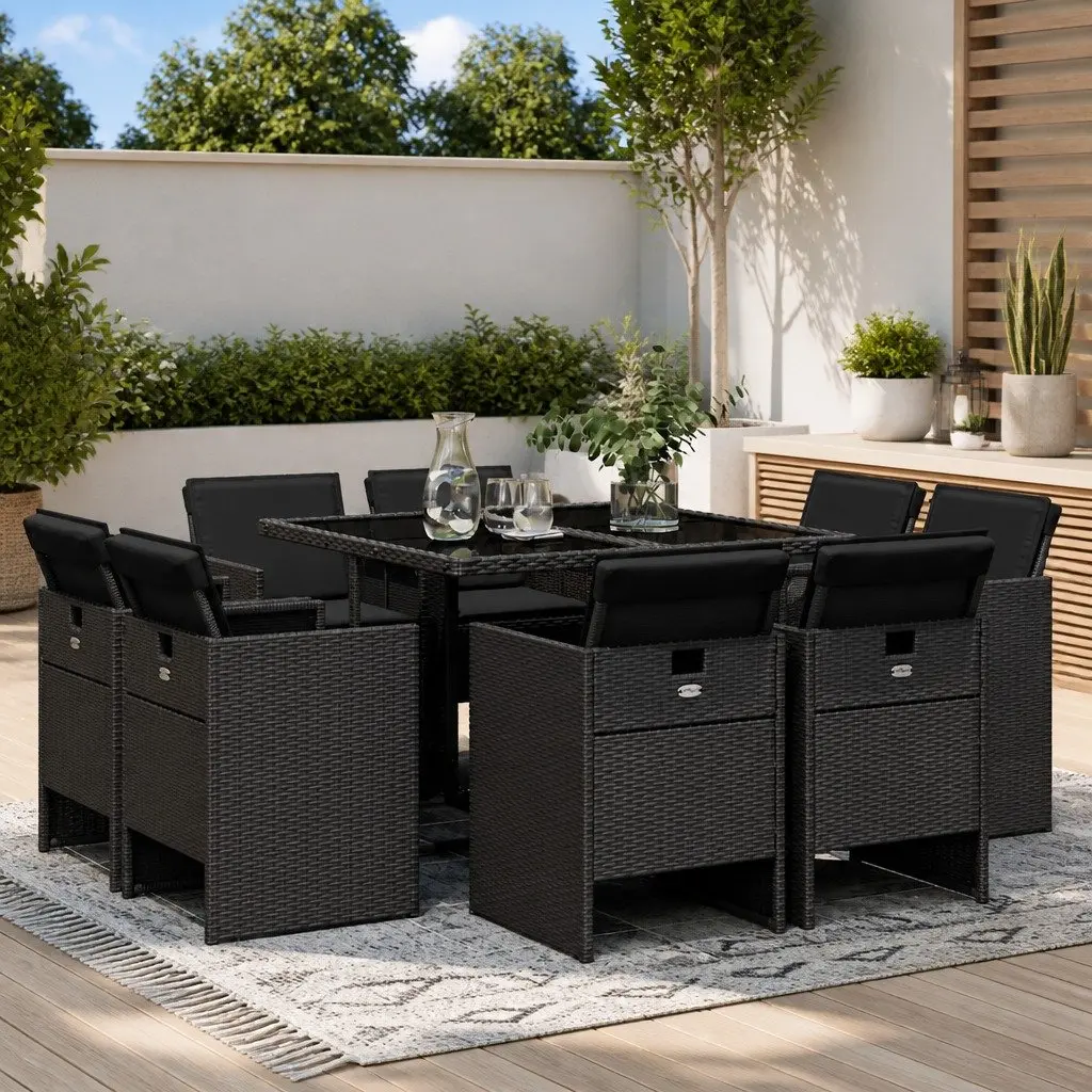 9 Piece Black Poly Rattan Garden Dining Set