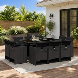 Durable 11 Piece Black Rattan Outdoor Dining Set with Cushions