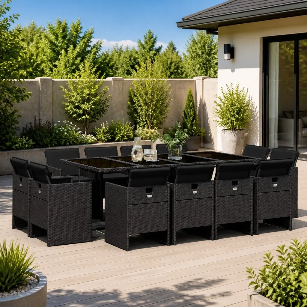 13 Piece Black Poly Rattan Garden Dining Set