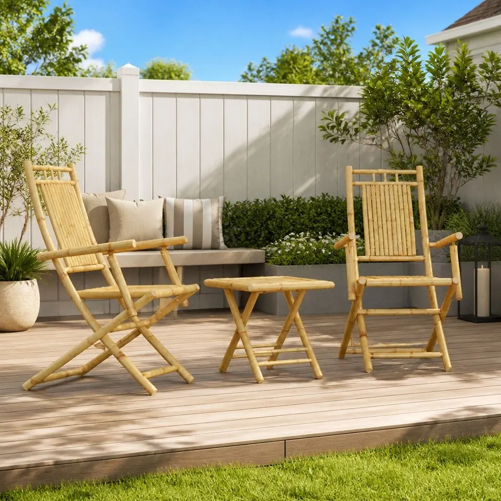 Bistro Set Bamboo Foldable Outdoor Garden Furniture 3 Piece Brown Table Chairs