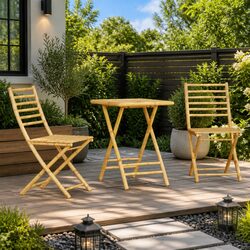 Brown Bamboo 3 Piece Foldable Bistro Set for Outdoor Use