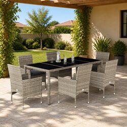 7-Piece Grey Poly Rattan Outdoor Dining Set with Glass Table