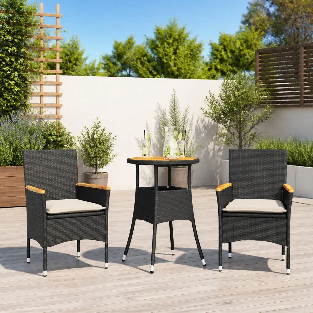 Black 3 Piece Outdoor Dining Set with Acacia Table