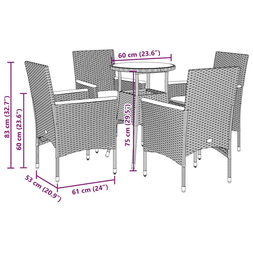 5 Piece Garden Dining Set PE Rattan Tempered Glass Black Outdoor