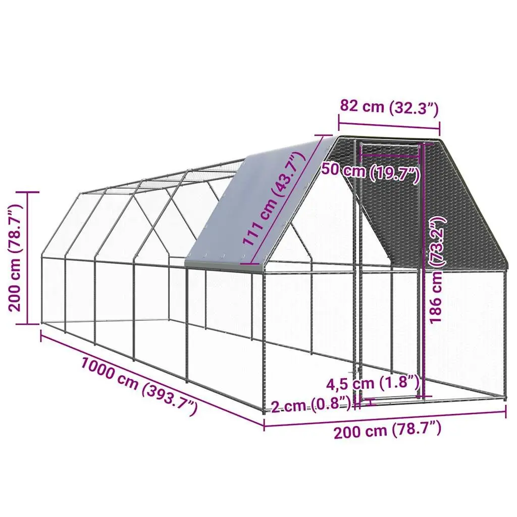 Chicken Cage Galvanised Steel 2x10x2m Silver Walk-In Coop Outdoor Enclosure