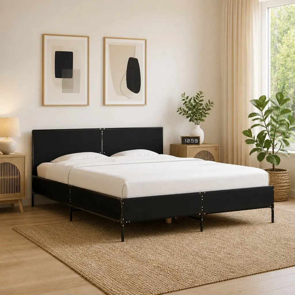 Bed Frame Engineered Wood 150x200 cm Black Metal Legs Plywood Slats Headboard