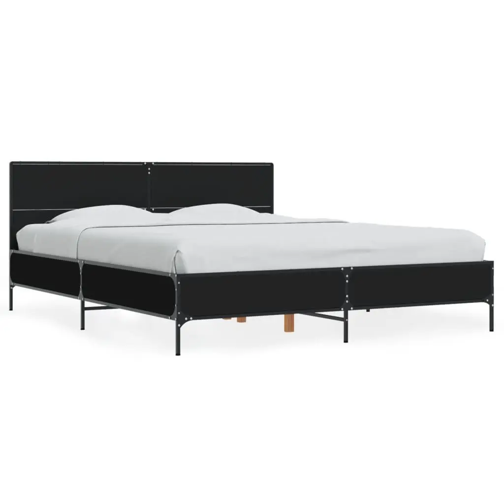 Bed Frame Engineered Wood 150x200 cm Black Metal Legs Plywood Slats Headboard