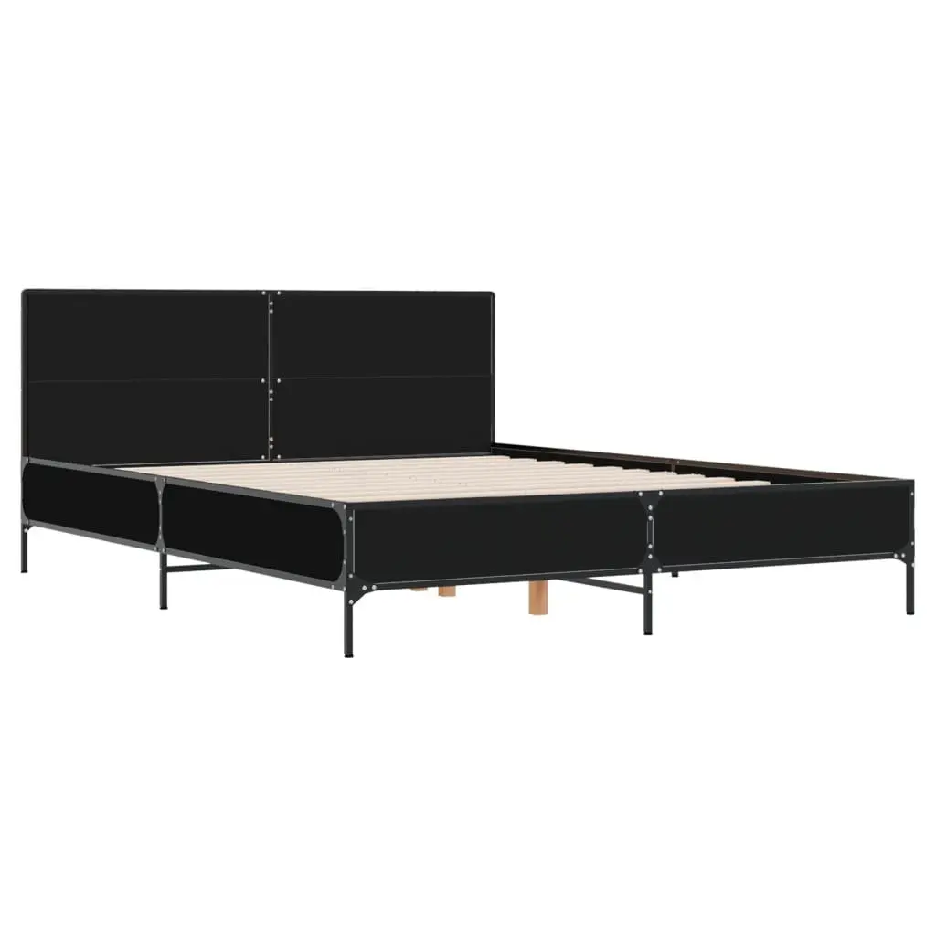 Bed Frame Engineered Wood 150x200 cm Black Metal Legs Plywood Slats Headboard