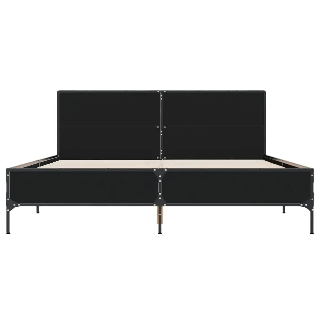 Bed Frame Engineered Wood 150x200 cm Black Metal Legs Plywood Slats Headboard