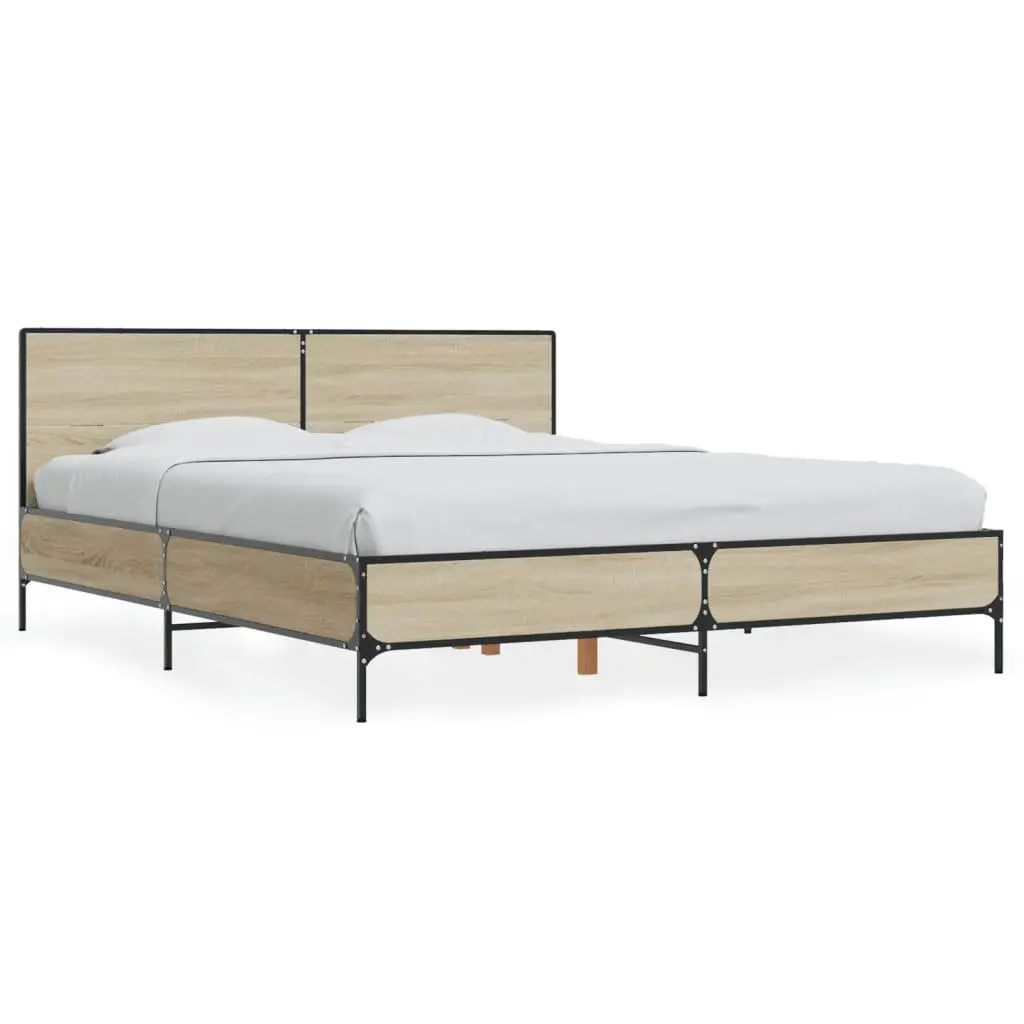 Bed Frame Engineered Wood 150x200 cm Brown Sonoma Oak with Headboard Metal Legs