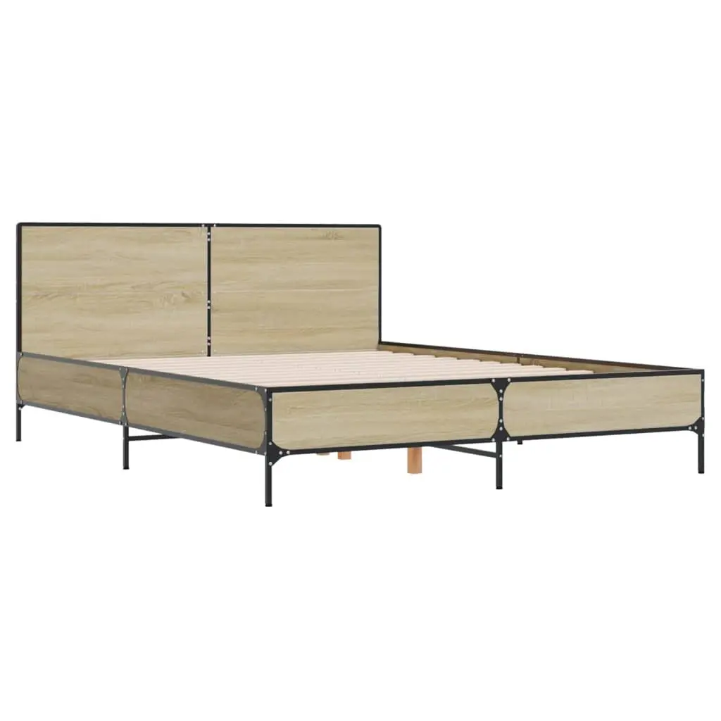 Bed Frame Engineered Wood 150x200 cm Brown Sonoma Oak with Headboard Metal Legs