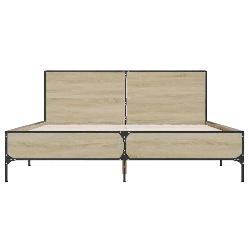 Bed Frame Engineered Wood 150x200 cm Brown Sonoma Oak with Headboard Metal Legs