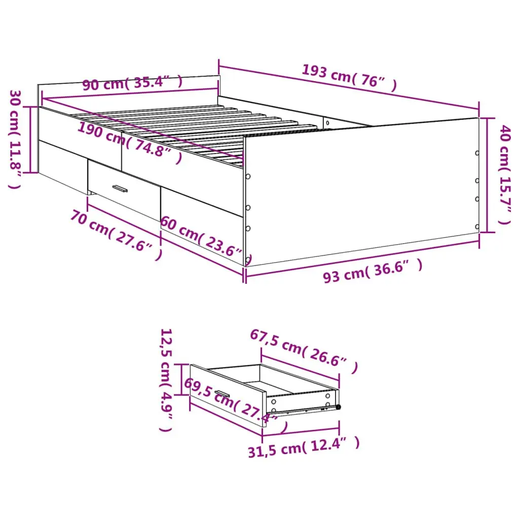 White Bed Frame with Storage Drawers 90x190 cm