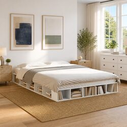 Bed Frame Queen Size 150x200 cm White Slatted Base Storage Compartments