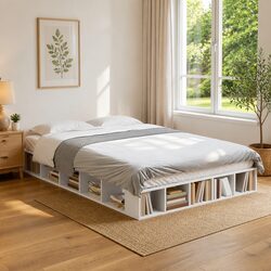 Sturdy White Bed Frame with Slatted Base 135x190 cm