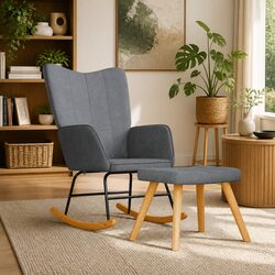 Durable Grey Fabric Rocking Chair with Matching Stool